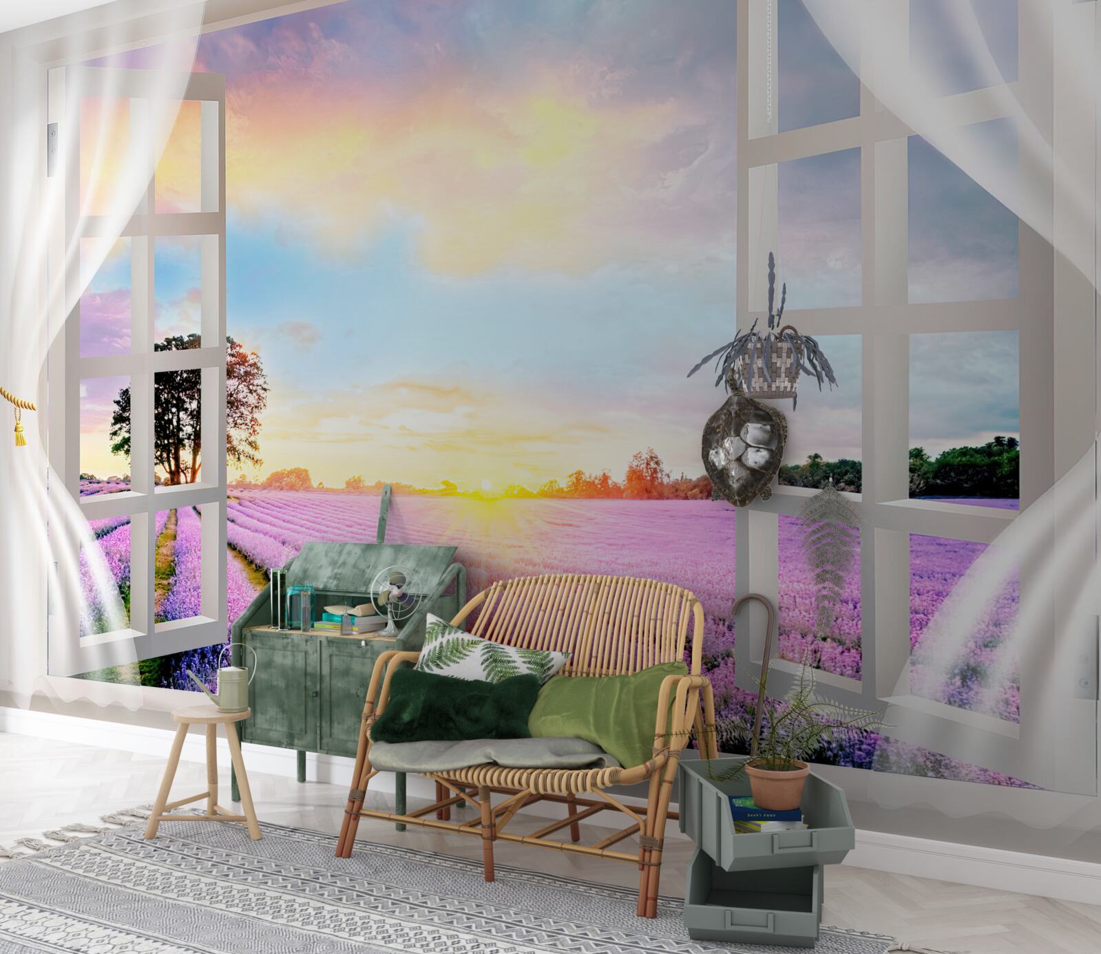 Fototapet panorama unui câmp de lavandă de la fereastră