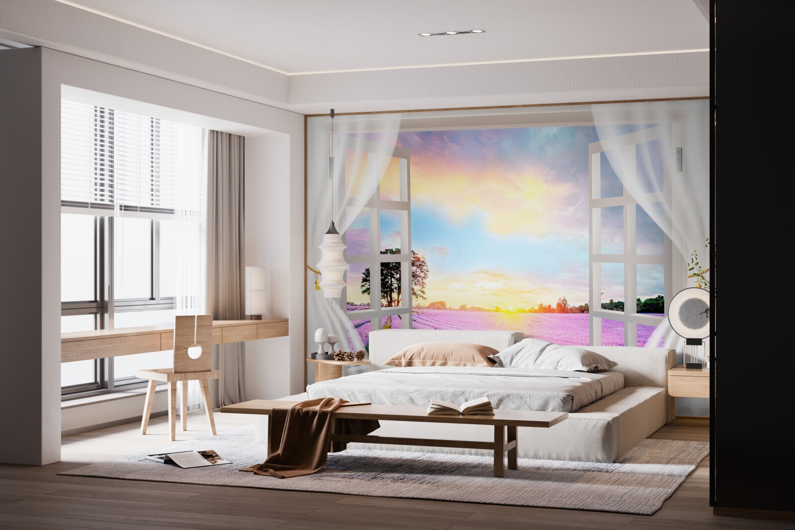 Fototapet panorama unui câmp de lavandă de la fereastră