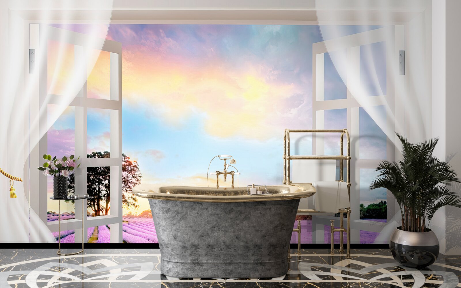 Fototapet panorama unui câmp de lavandă de la fereastră