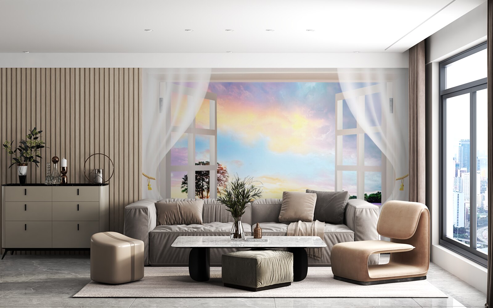 Fototapet panorama unui câmp de lavandă de la fereastră