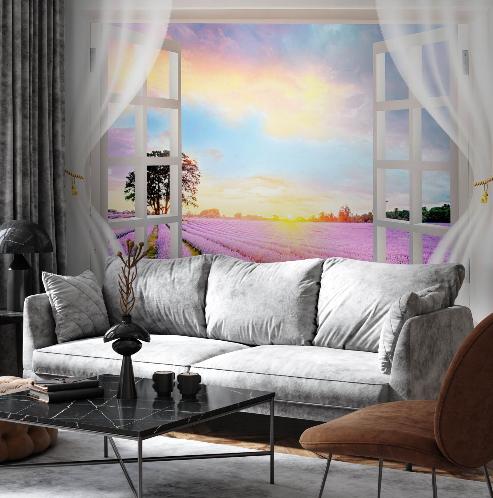 Fototapet panorama unui câmp de lavandă de la fereastră
