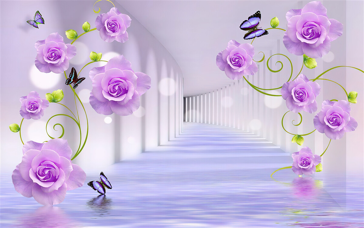 Fototapet coridor lung și trandafiri lila
