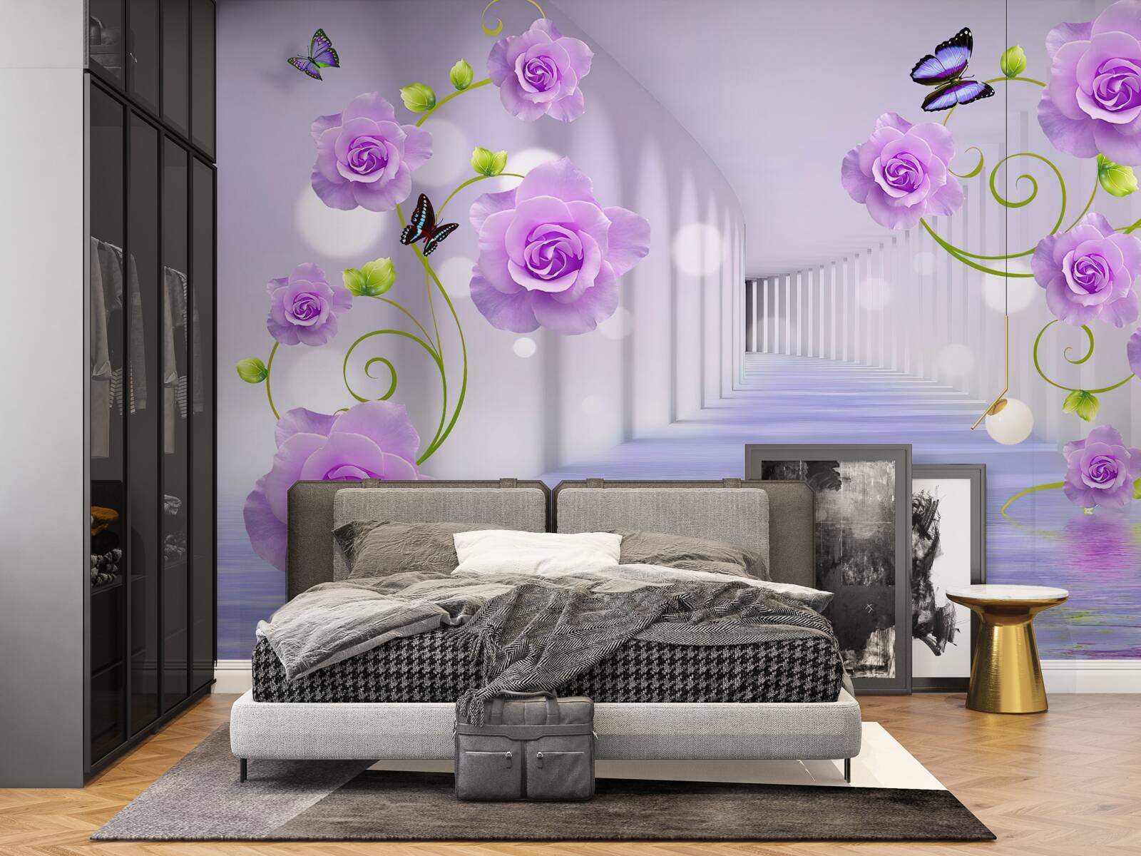 Fototapet coridor lung și trandafiri lila