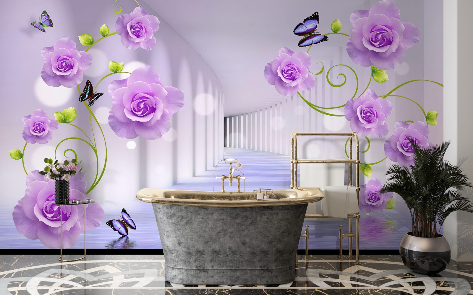 Fototapet coridor lung și trandafiri lila