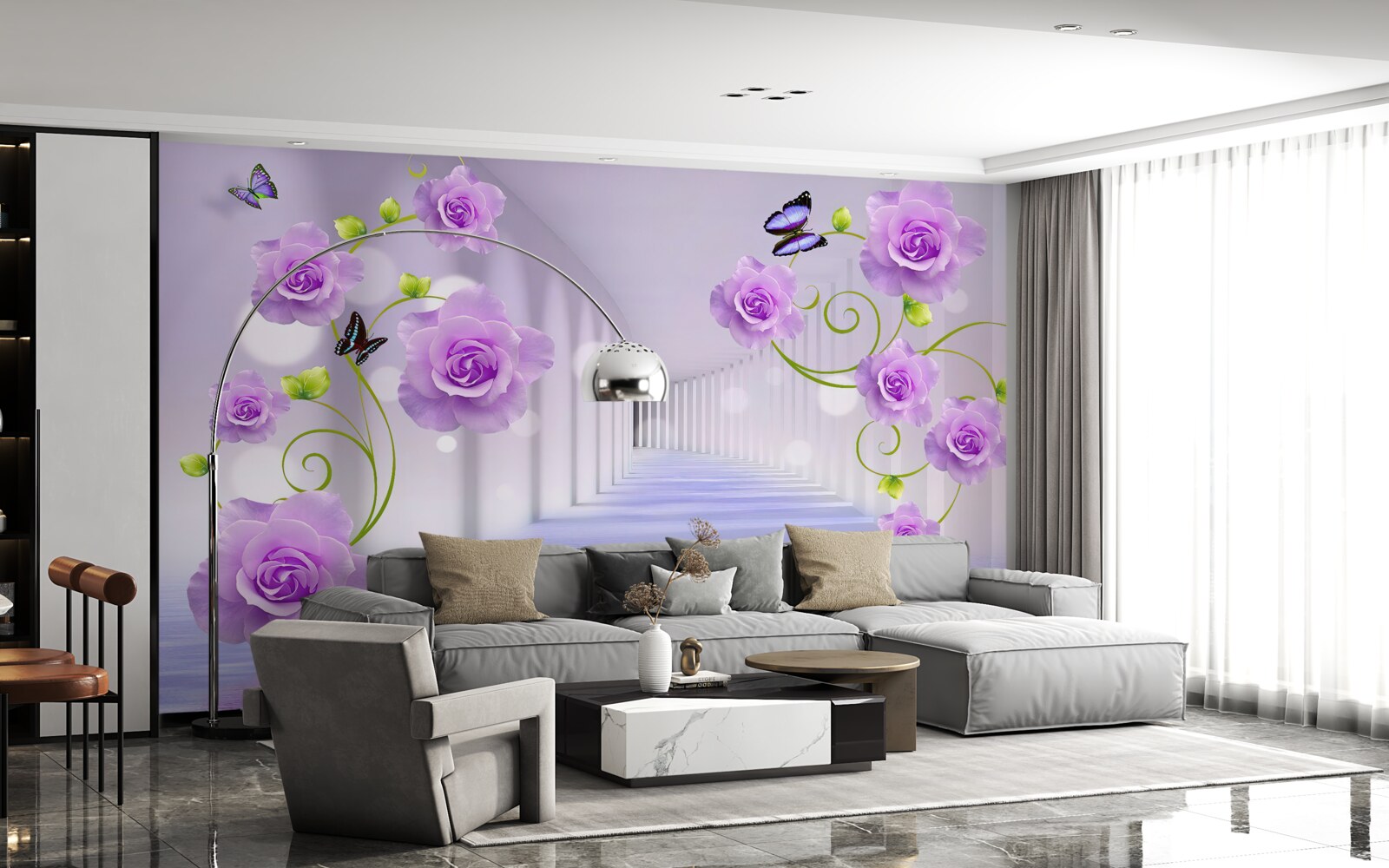 Fototapet coridor lung și trandafiri lila