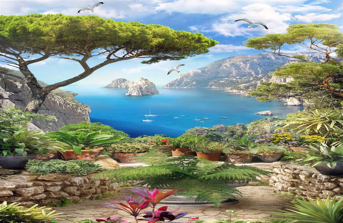 Fototapet pajiște în flori cu vedere la oraș și la mare