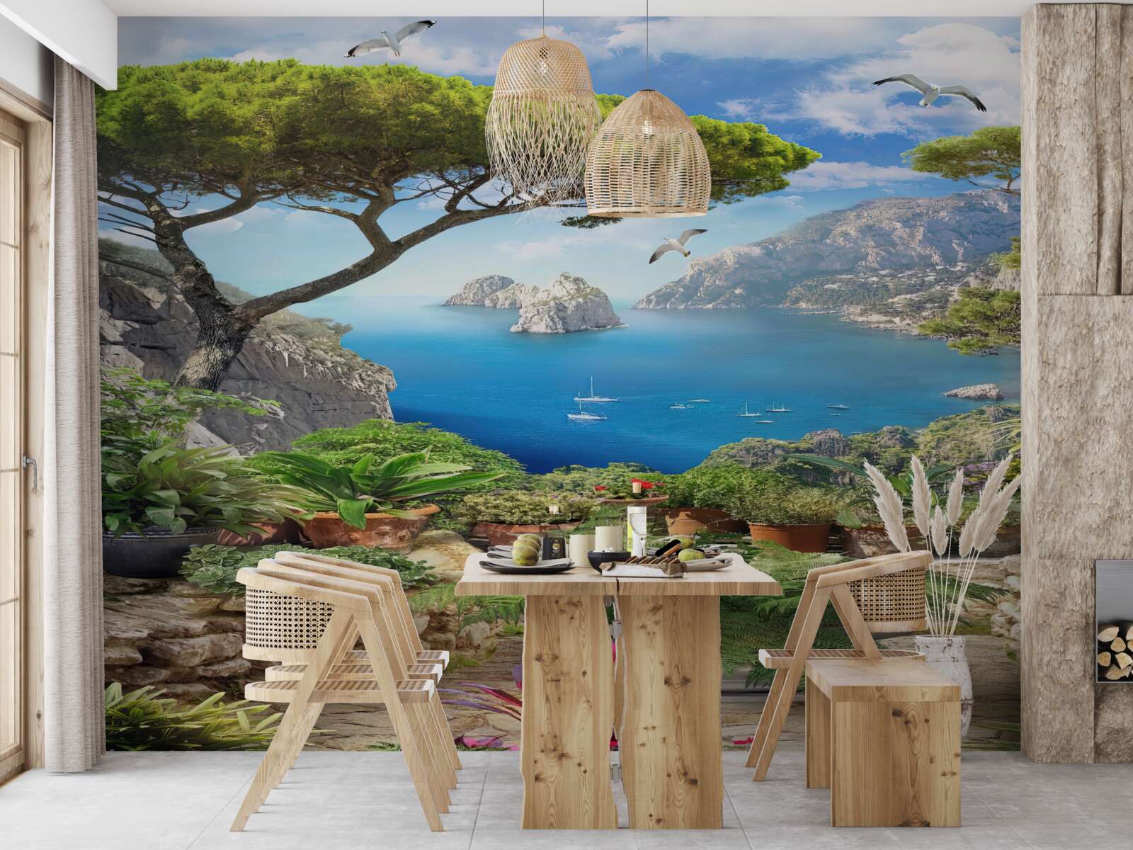 Fototapet pajiște în flori cu vedere la oraș și la mare