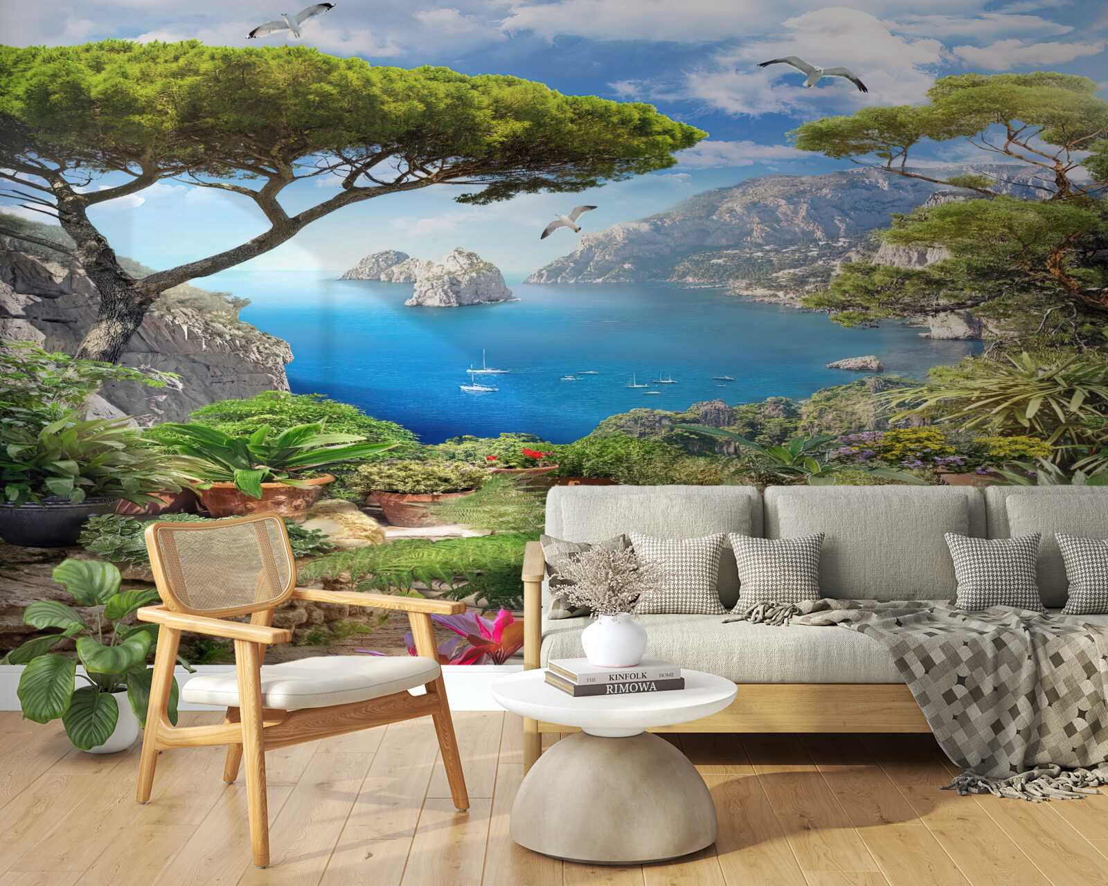 Fototapet pajiște în flori cu vedere la oraș și la mare