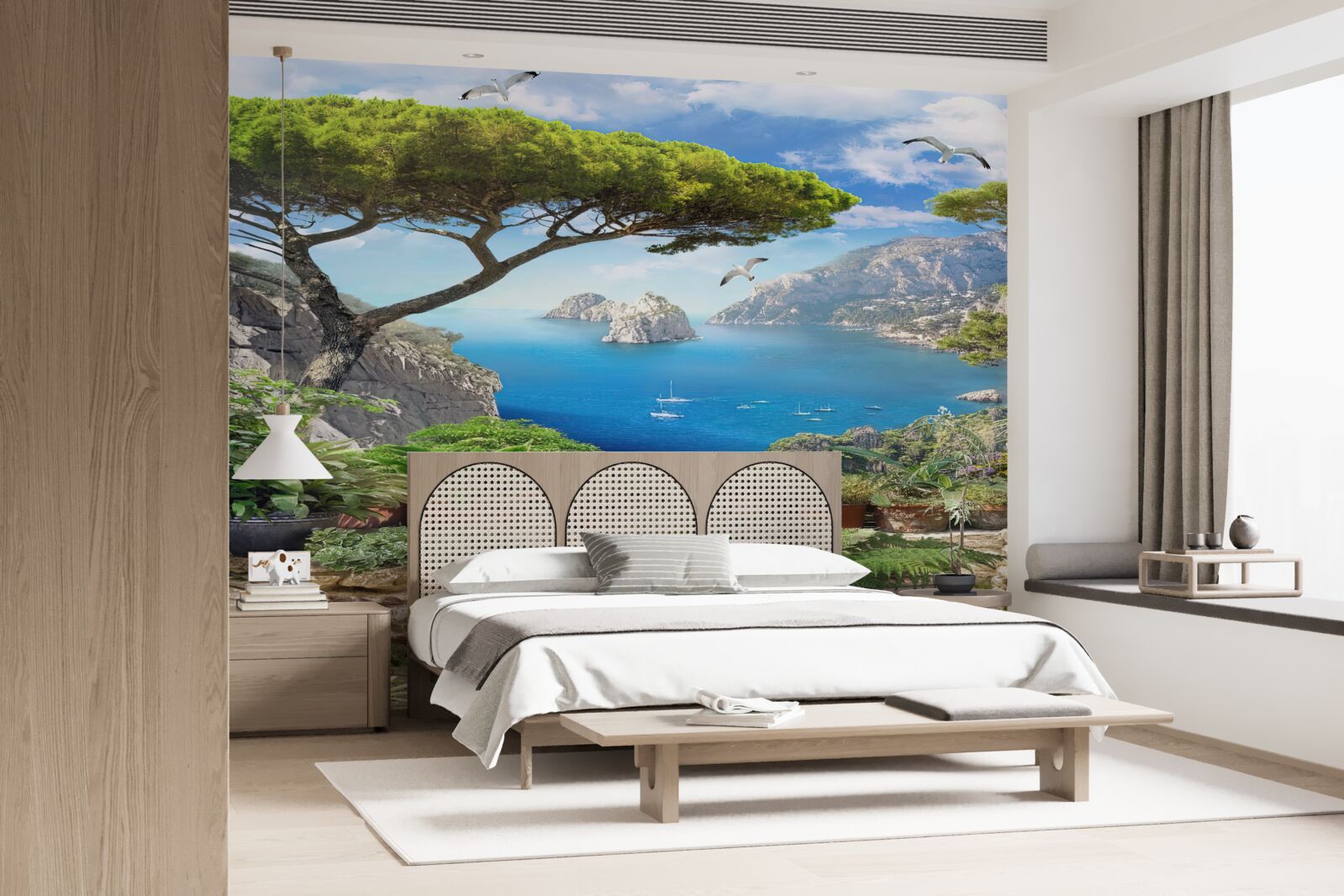 Fototapet pajiște în flori cu vedere la oraș și la mare