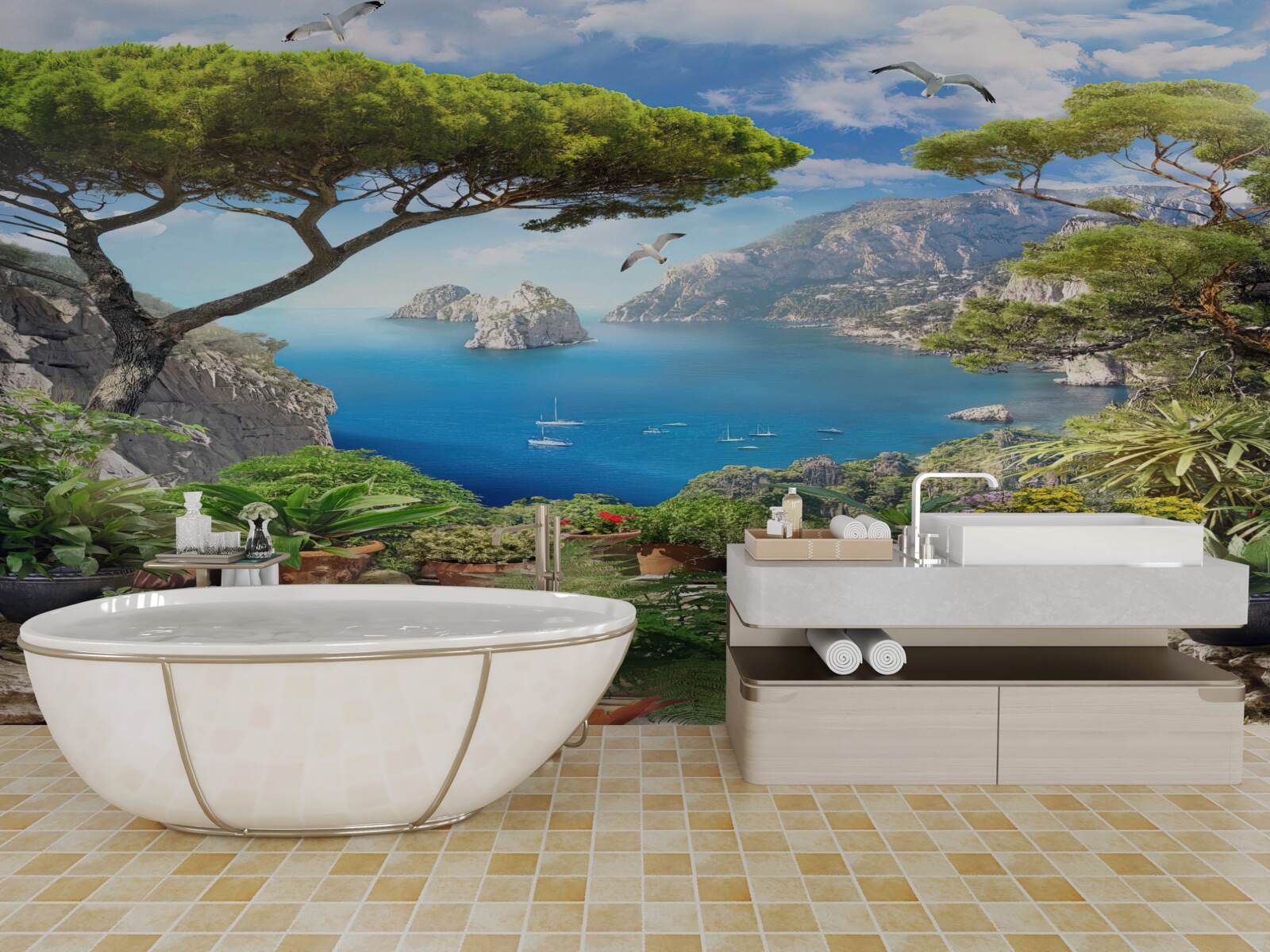 Fototapet pajiște în flori cu vedere la oraș și la mare