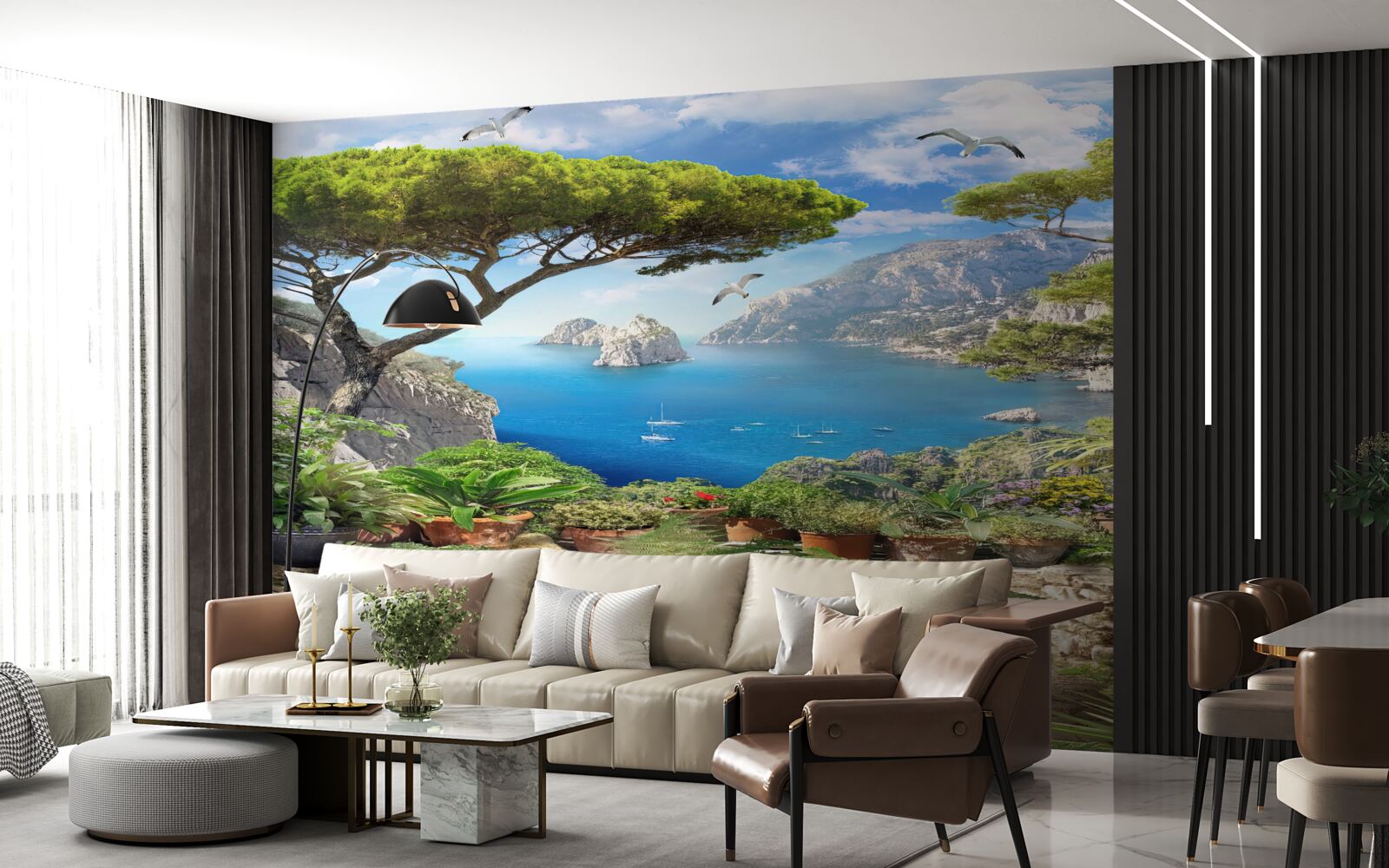 Fototapet pajiște în flori cu vedere la oraș și la mare