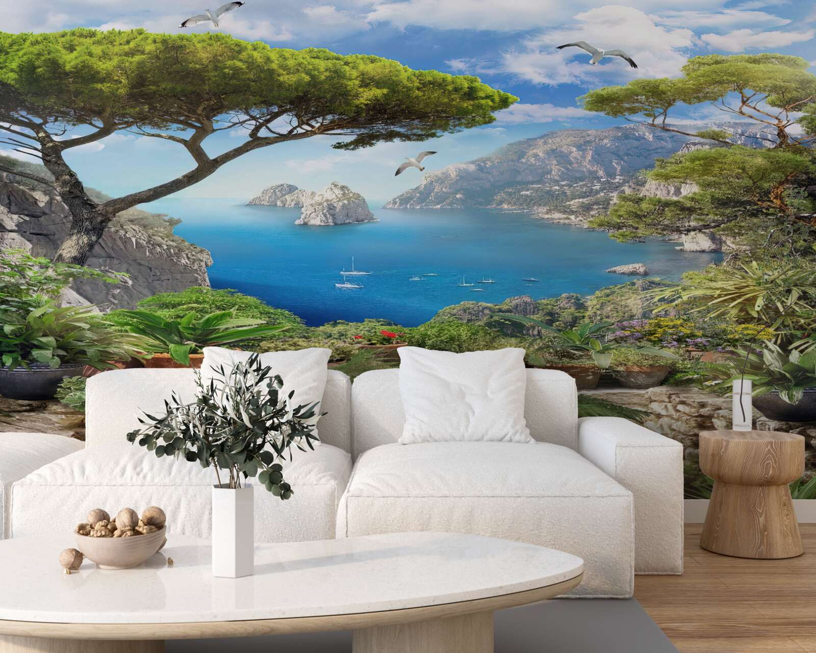 Fototapet pajiște în flori cu vedere la oraș și la mare