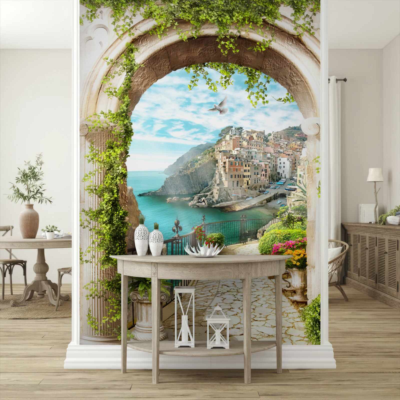 Fototapet case pe o stâncă deasupra apei