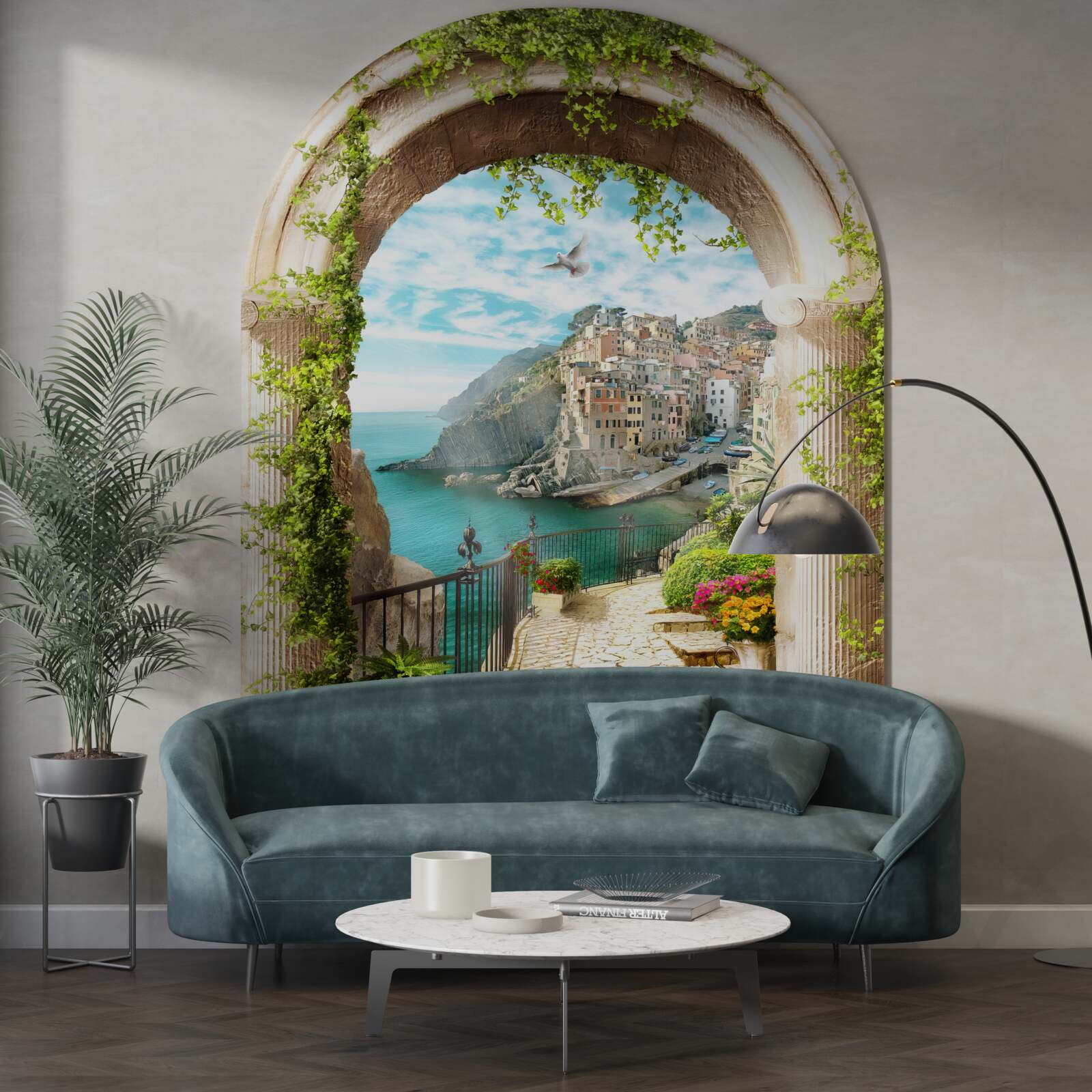 Fototapet case pe o stâncă deasupra apei