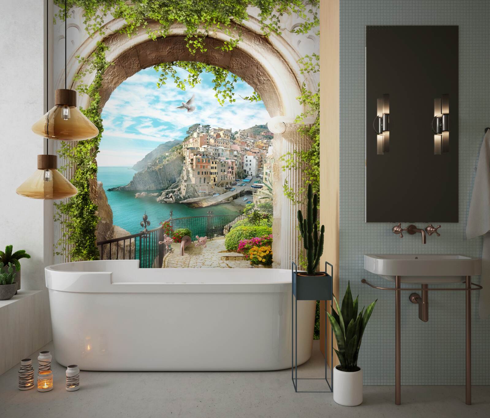 Fototapet case pe o stâncă deasupra apei