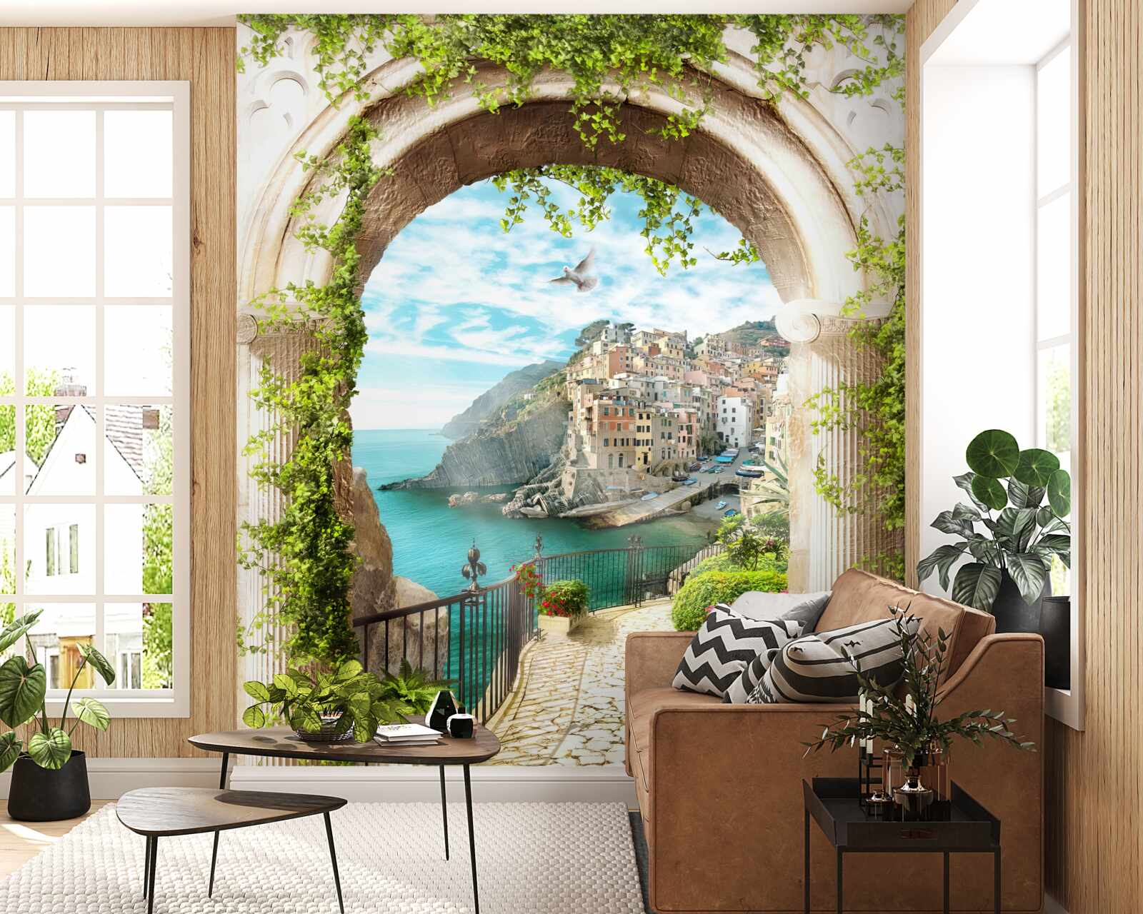 Fototapet case pe o stâncă deasupra apei