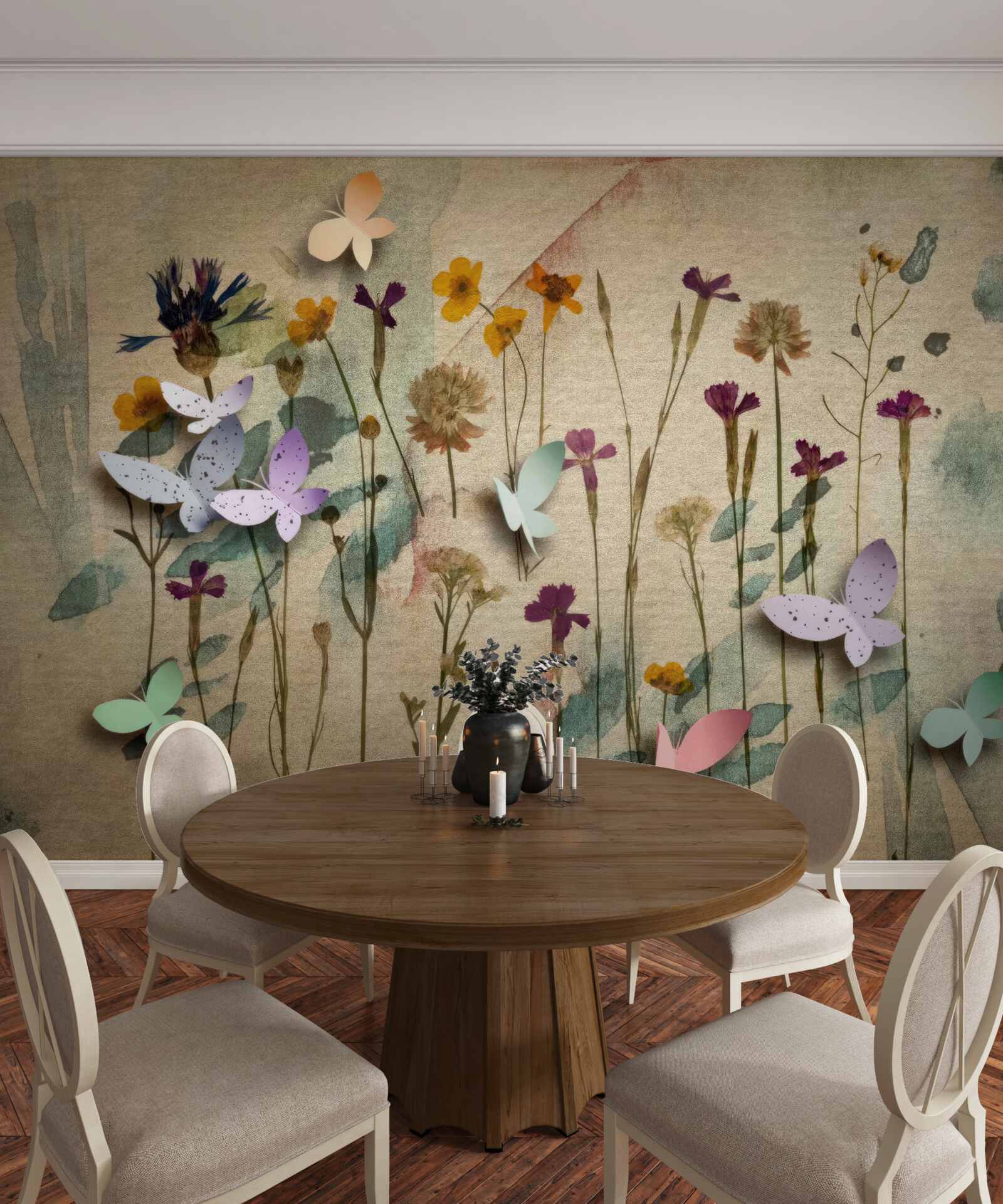 Fototapet flori mari și fluturi în desen