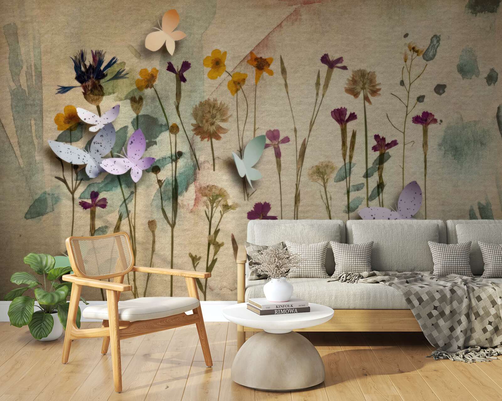 Fototapet flori mari și fluturi în desen