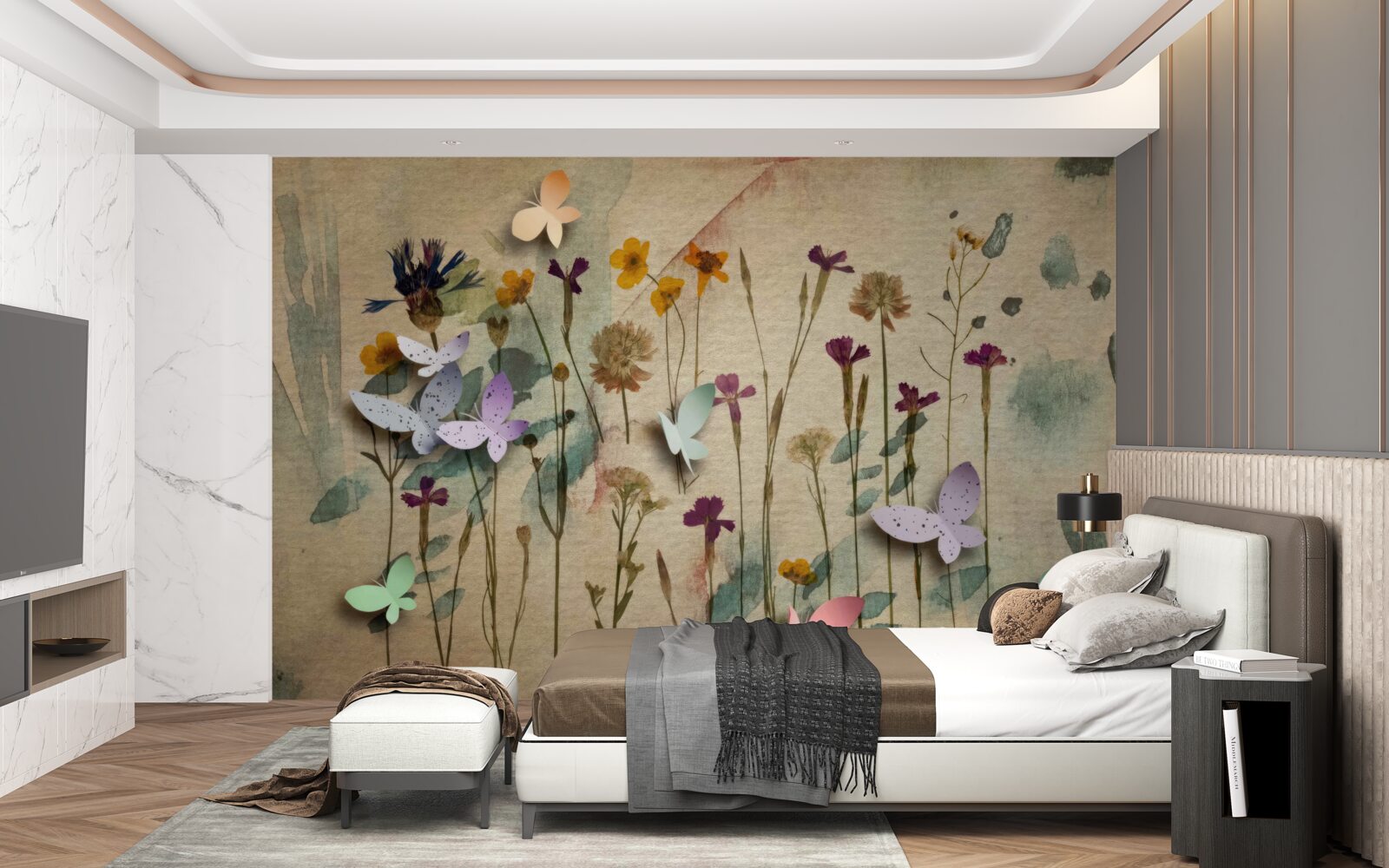 Fototapet flori mari și fluturi în desen