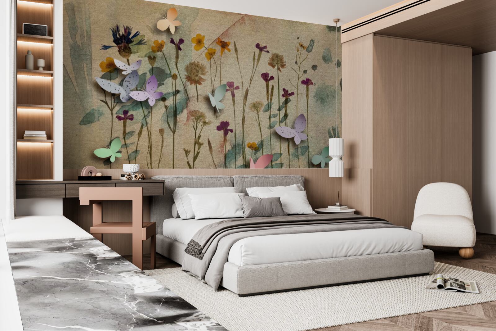 Fototapet flori mari și fluturi în desen