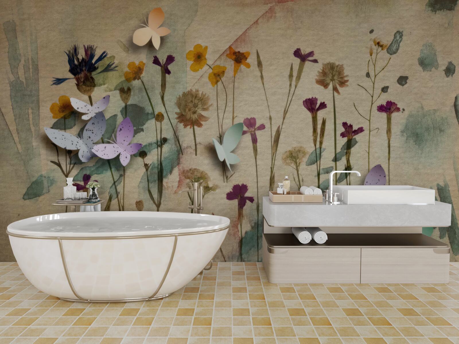 Fototapet flori mari și fluturi în desen