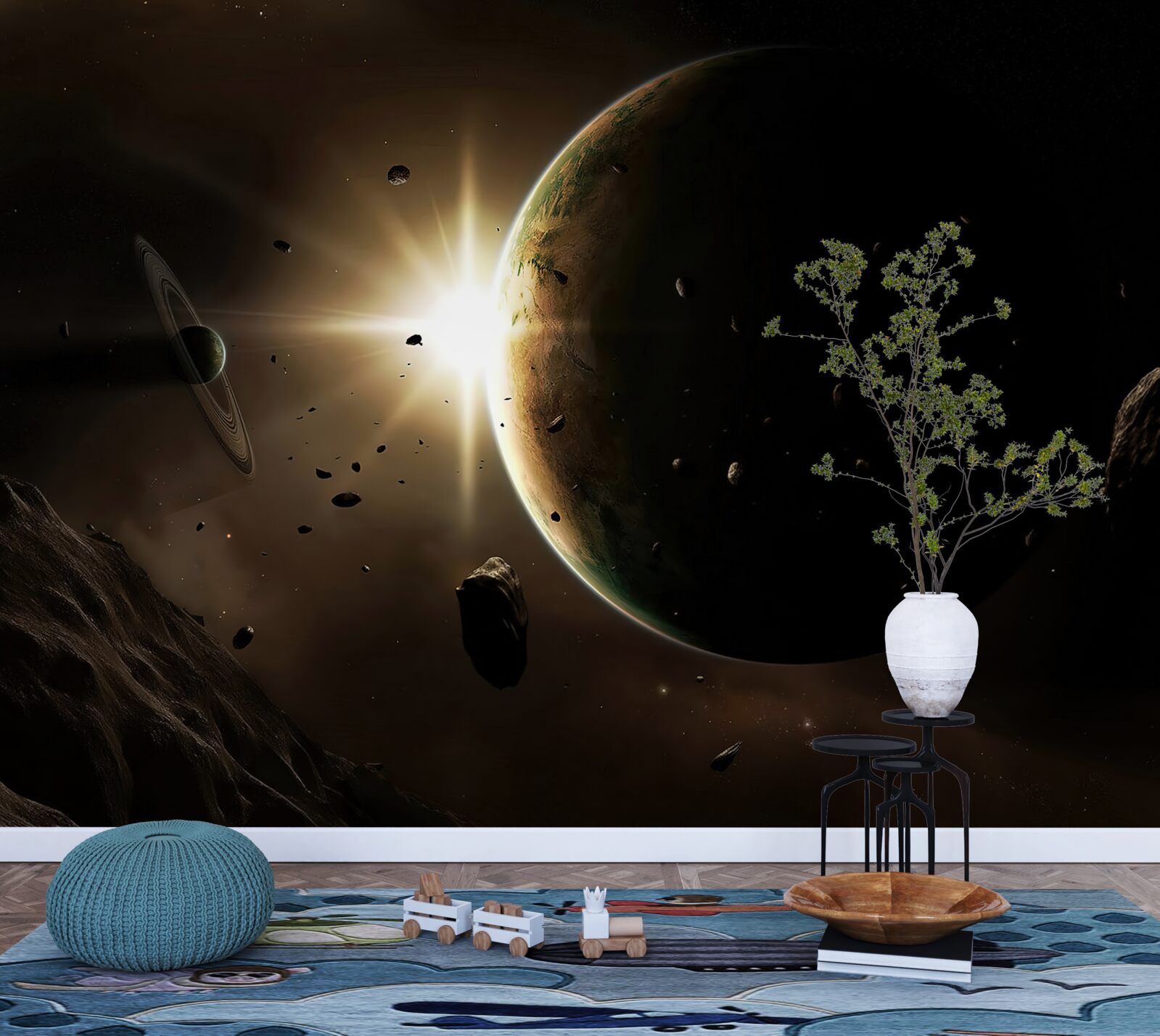 Fototapet planete și comete care trec în viteză