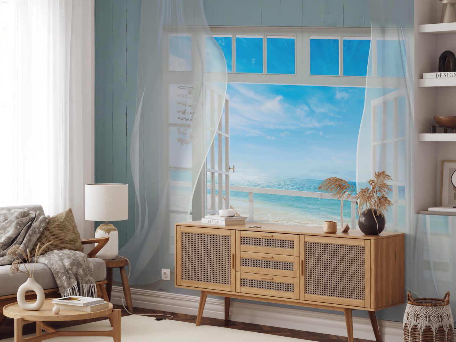 Fototapet perdelele ondulate ale unei ferestre deschise