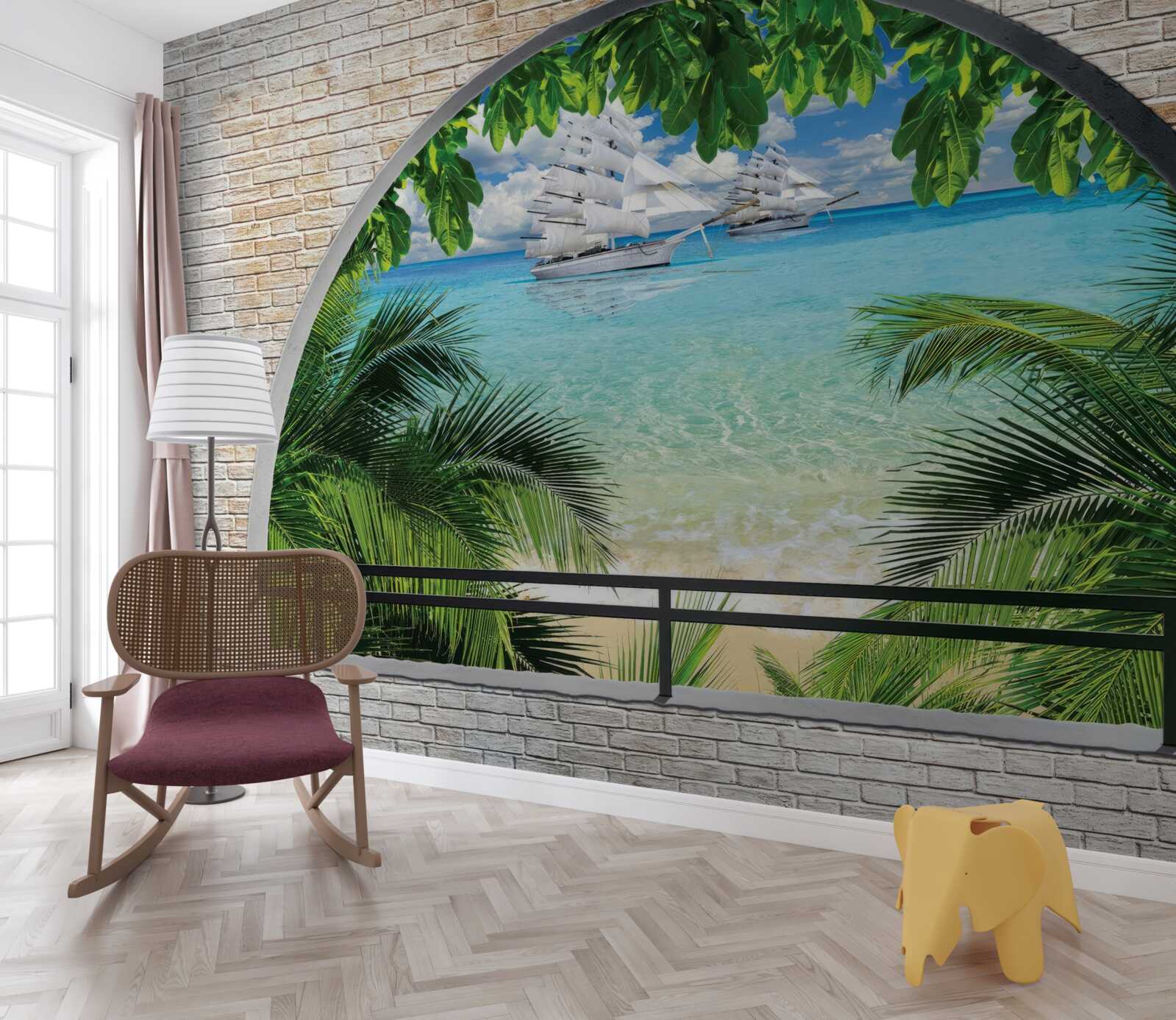 Fototapet o fereastră într-un zid de cărămidă cu vedere la mare și iahturi cu vele albe ca zăpada