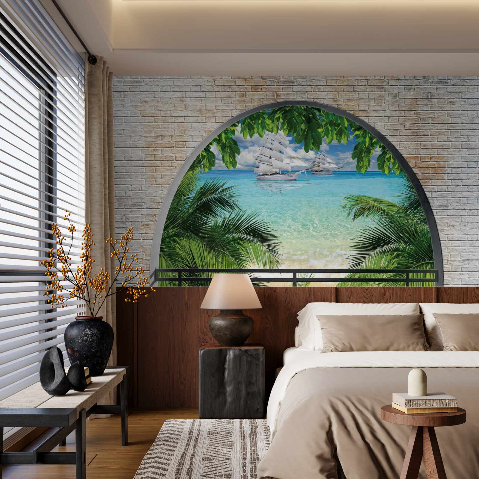 Fototapet o fereastră într-un zid de cărămidă cu vedere la mare și iahturi cu vele albe ca zăpada