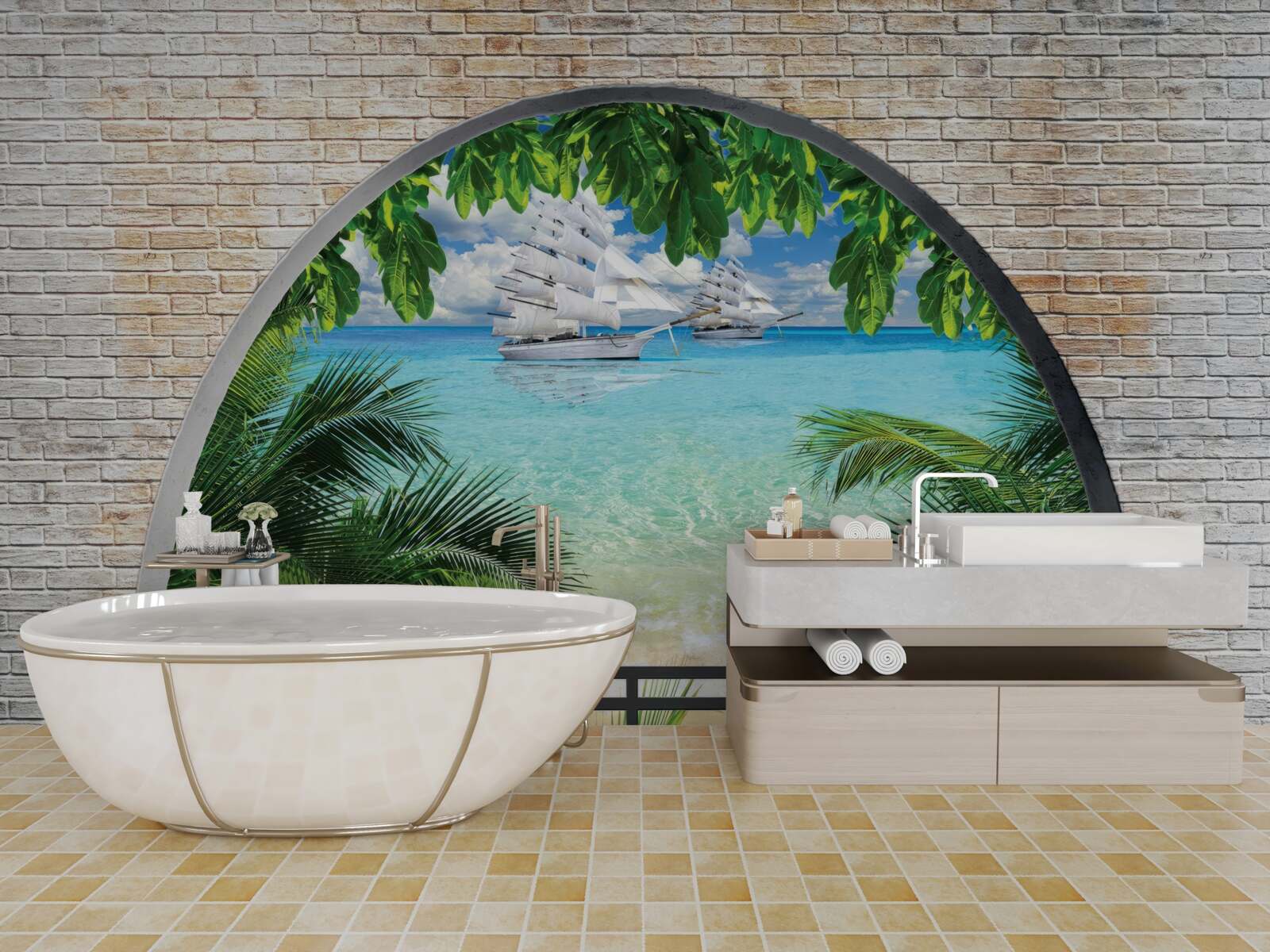 Fototapet o fereastră într-un zid de cărămidă cu vedere la mare și iahturi cu vele albe ca zăpada