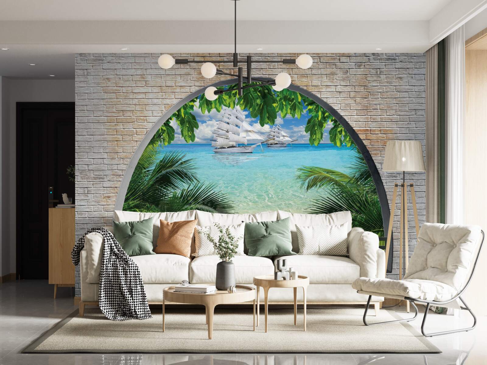 Fototapet o fereastră într-un zid de cărămidă cu vedere la mare și iahturi cu vele albe ca zăpada