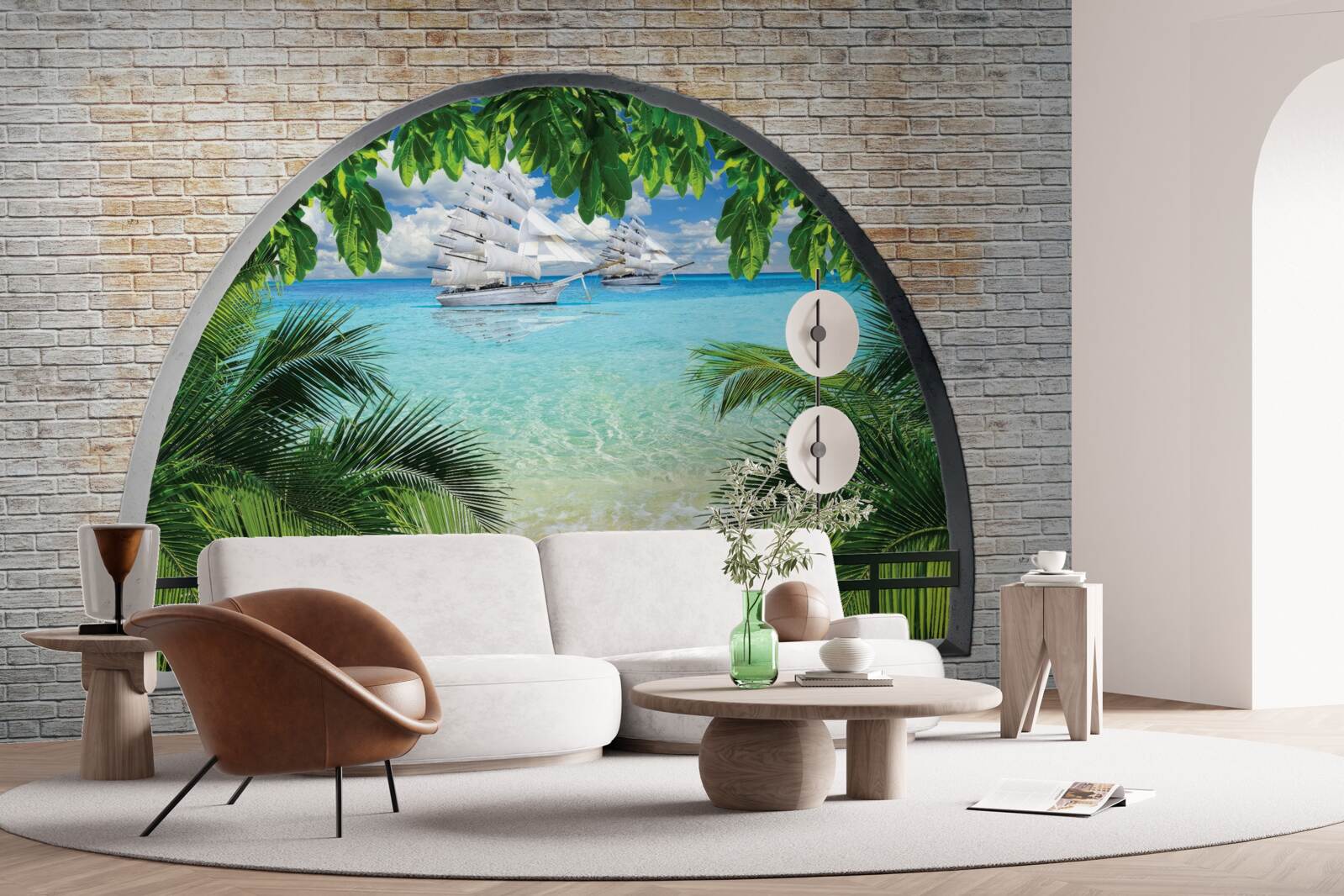 Fototapet o fereastră într-un zid de cărămidă cu vedere la mare și iahturi cu vele albe ca zăpada