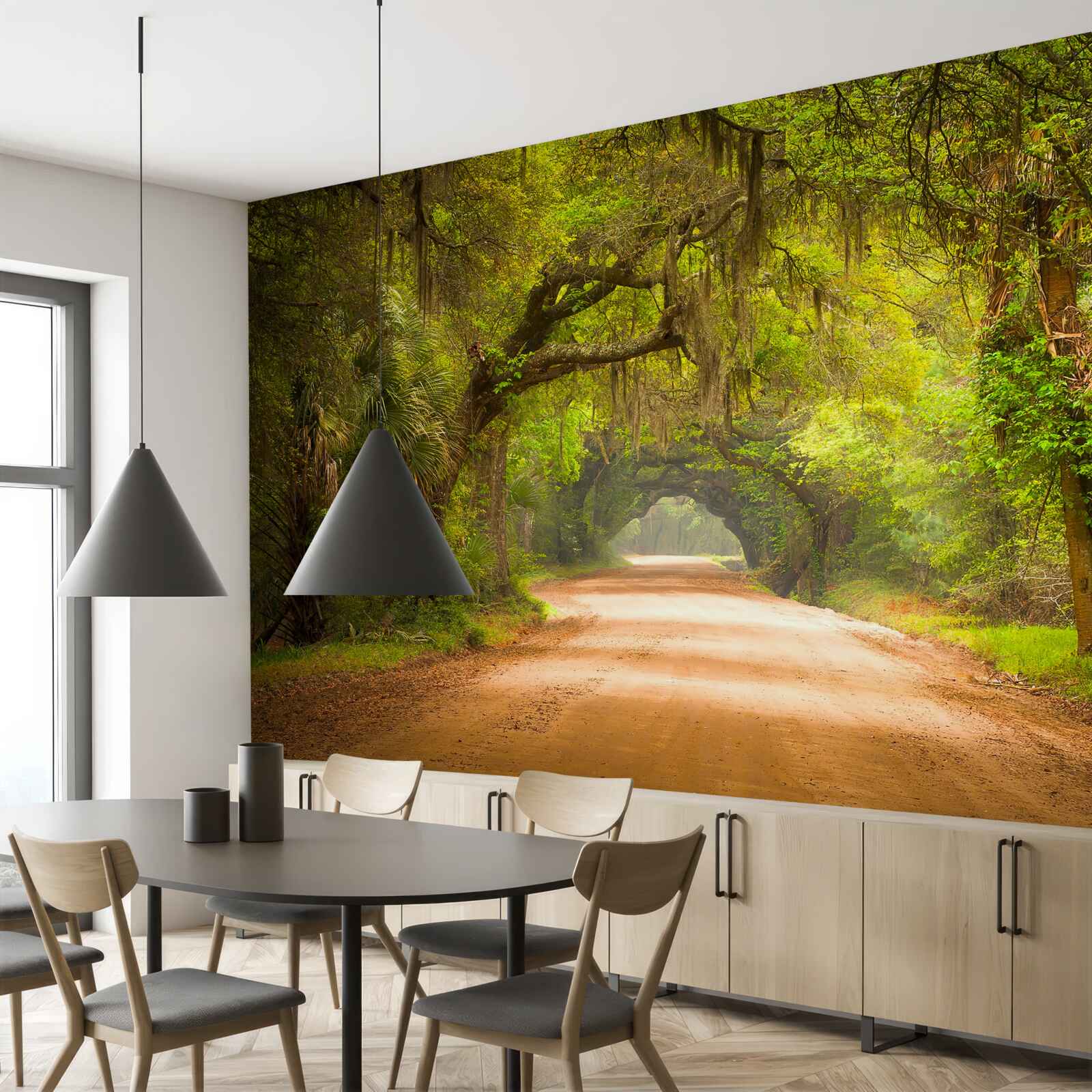 Fototapet pistă spațioasă înconjurată de frunziș verde