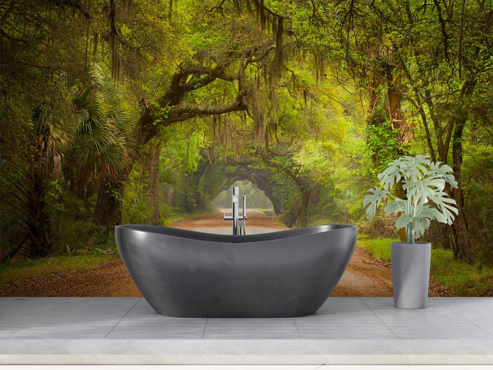 Fototapet pistă spațioasă înconjurată de frunziș verde