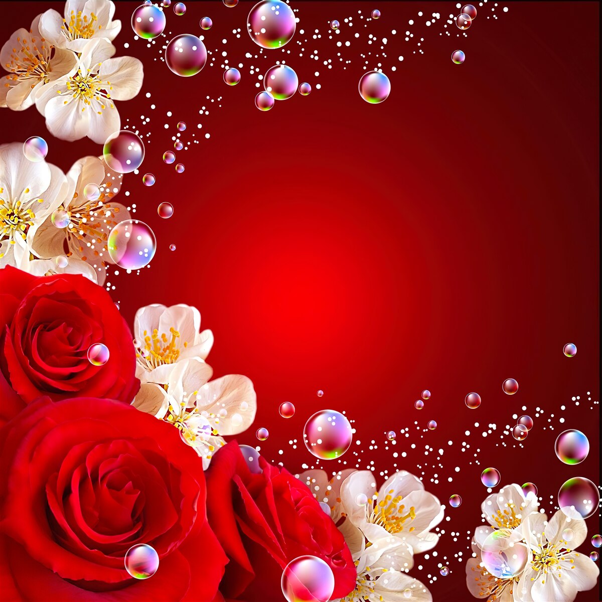 Fototapet flori albe și trandafiri roșii pe un fundal maro