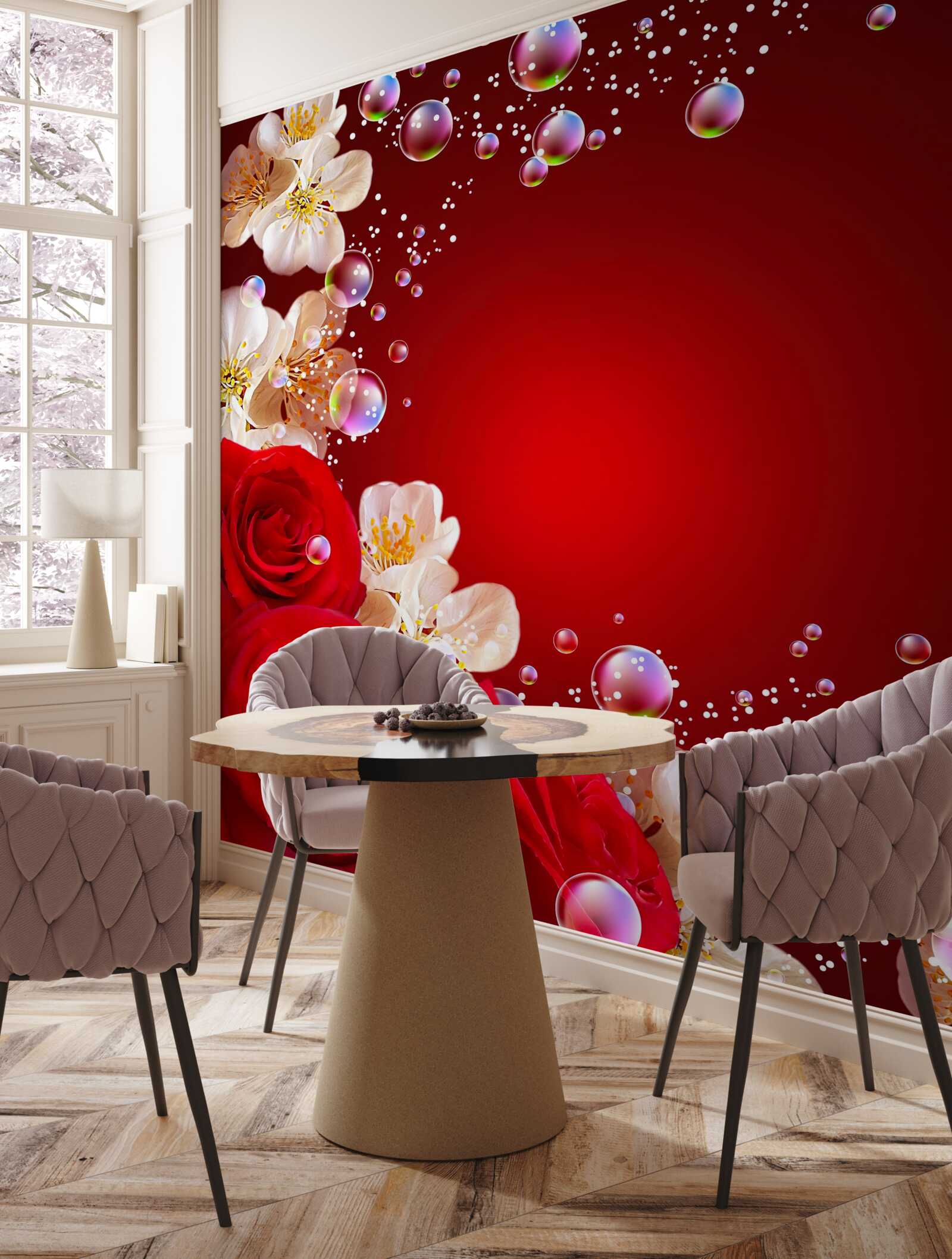 Fototapet flori albe și trandafiri roșii pe un fundal maro