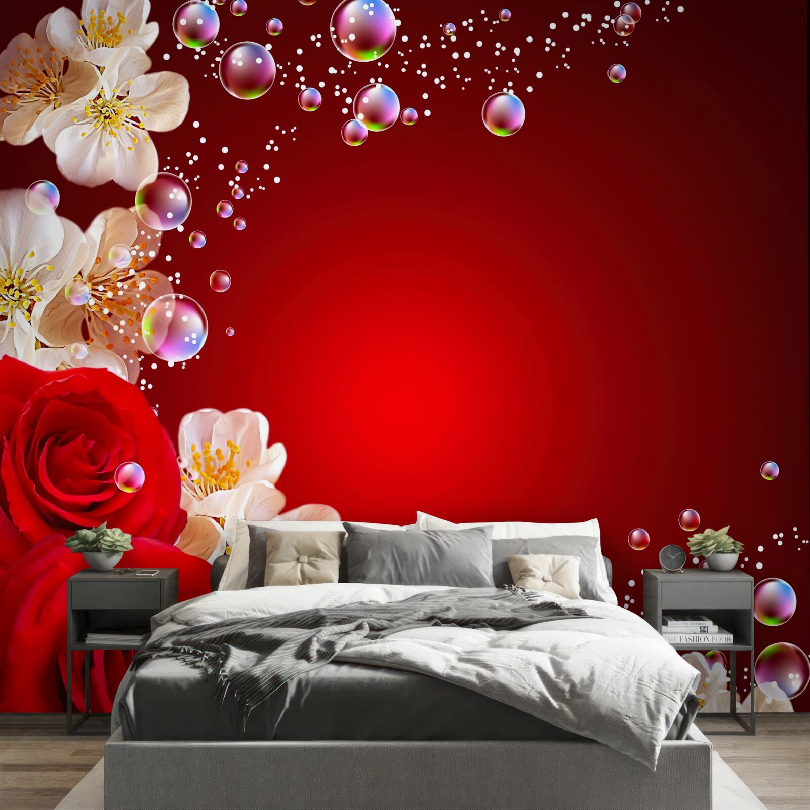 Fototapet flori albe și trandafiri roșii pe un fundal maro