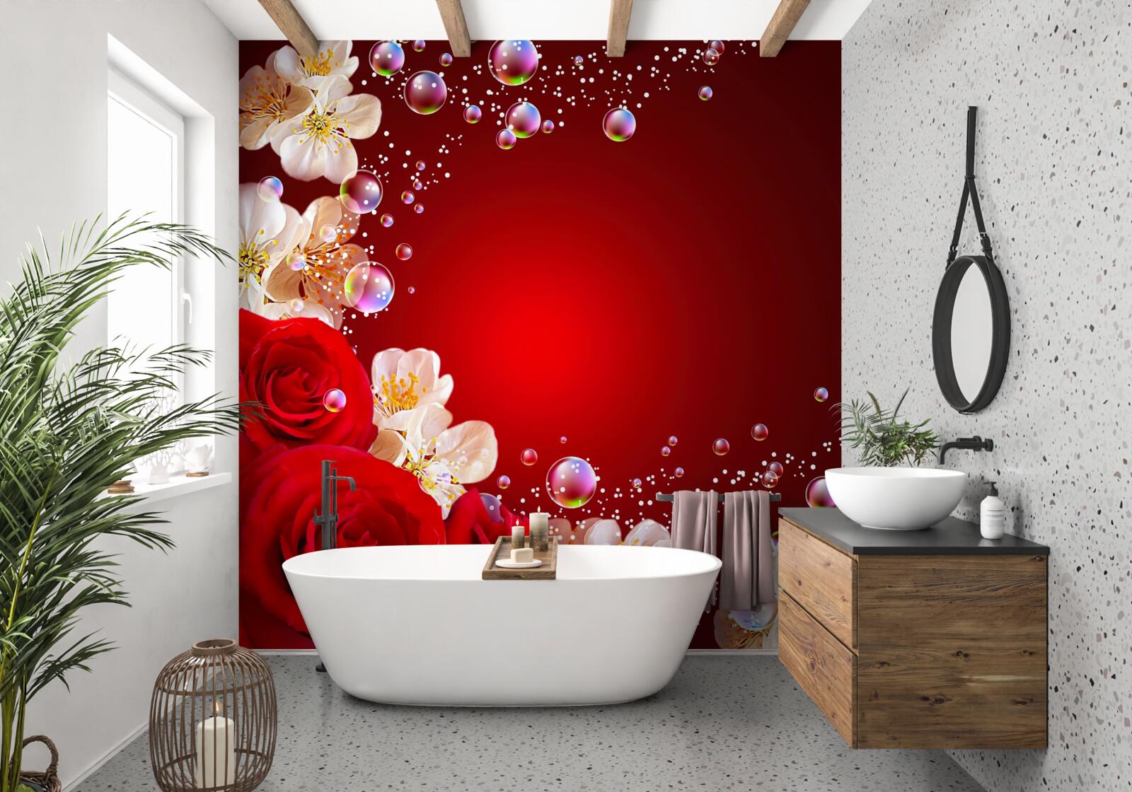 Fototapet flori albe și trandafiri roșii pe un fundal maro