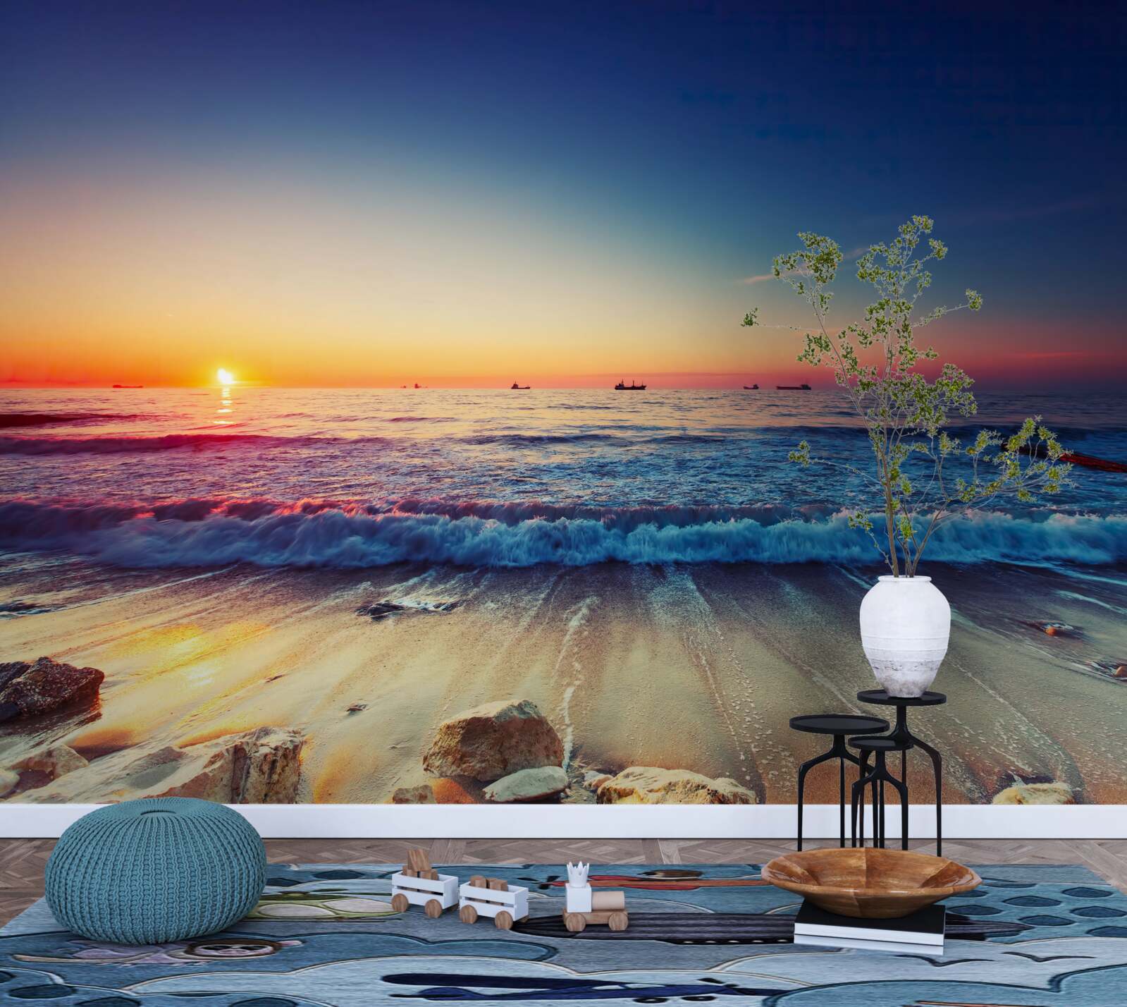 Fototapet furtună de mare pe un fundal de apus de soare