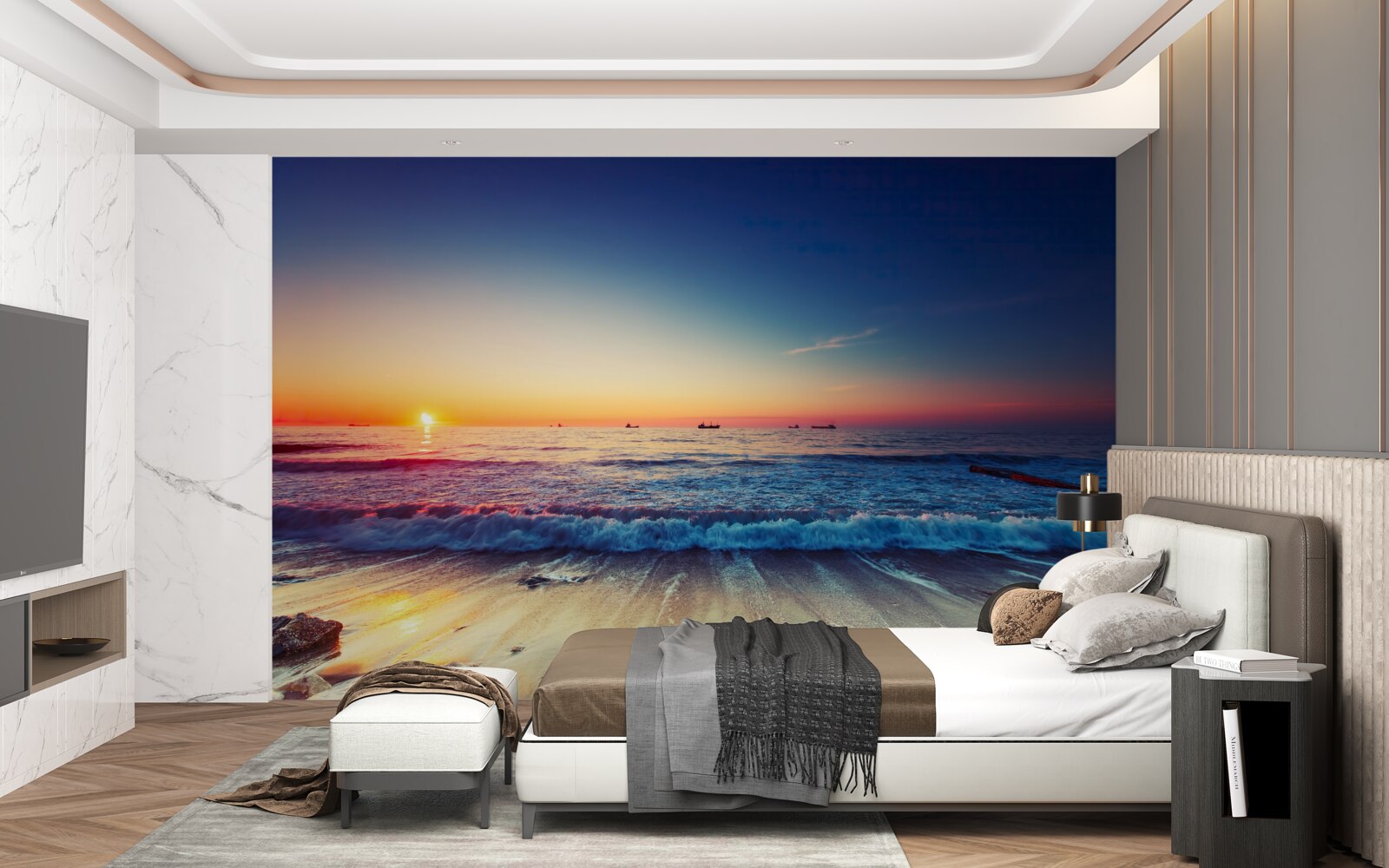 Fototapet furtună de mare pe un fundal de apus de soare