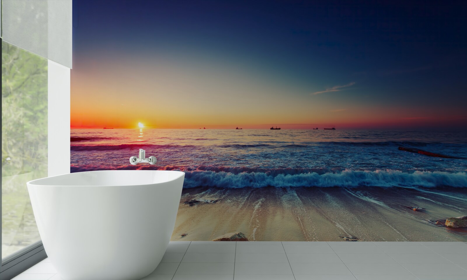 Fototapet furtună de mare pe un fundal de apus de soare