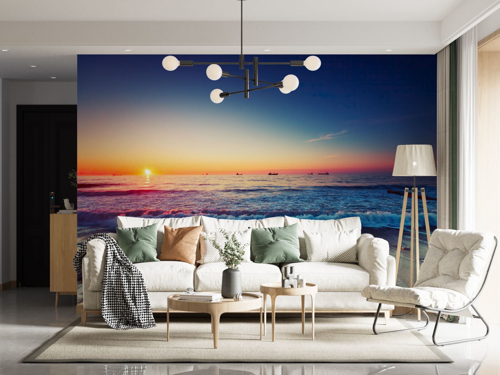 Fototapet furtună de mare pe un fundal de apus de soare