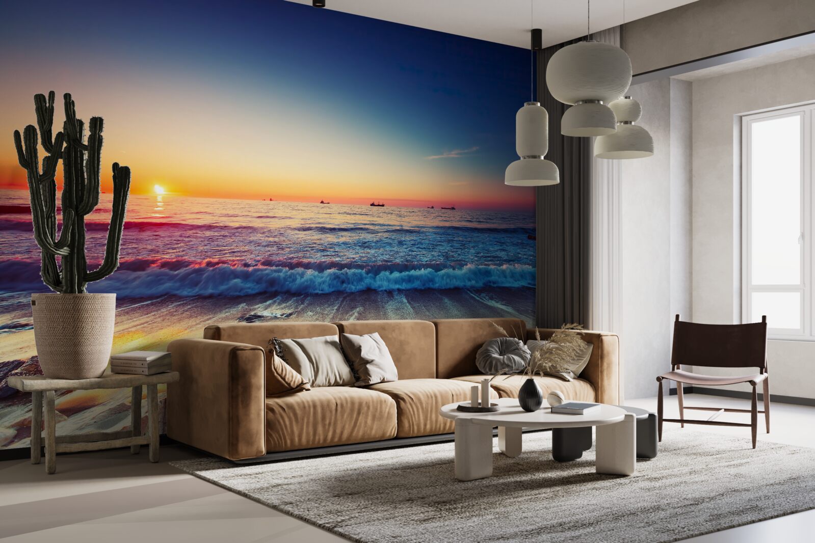 Fototapet furtună de mare pe un fundal de apus de soare