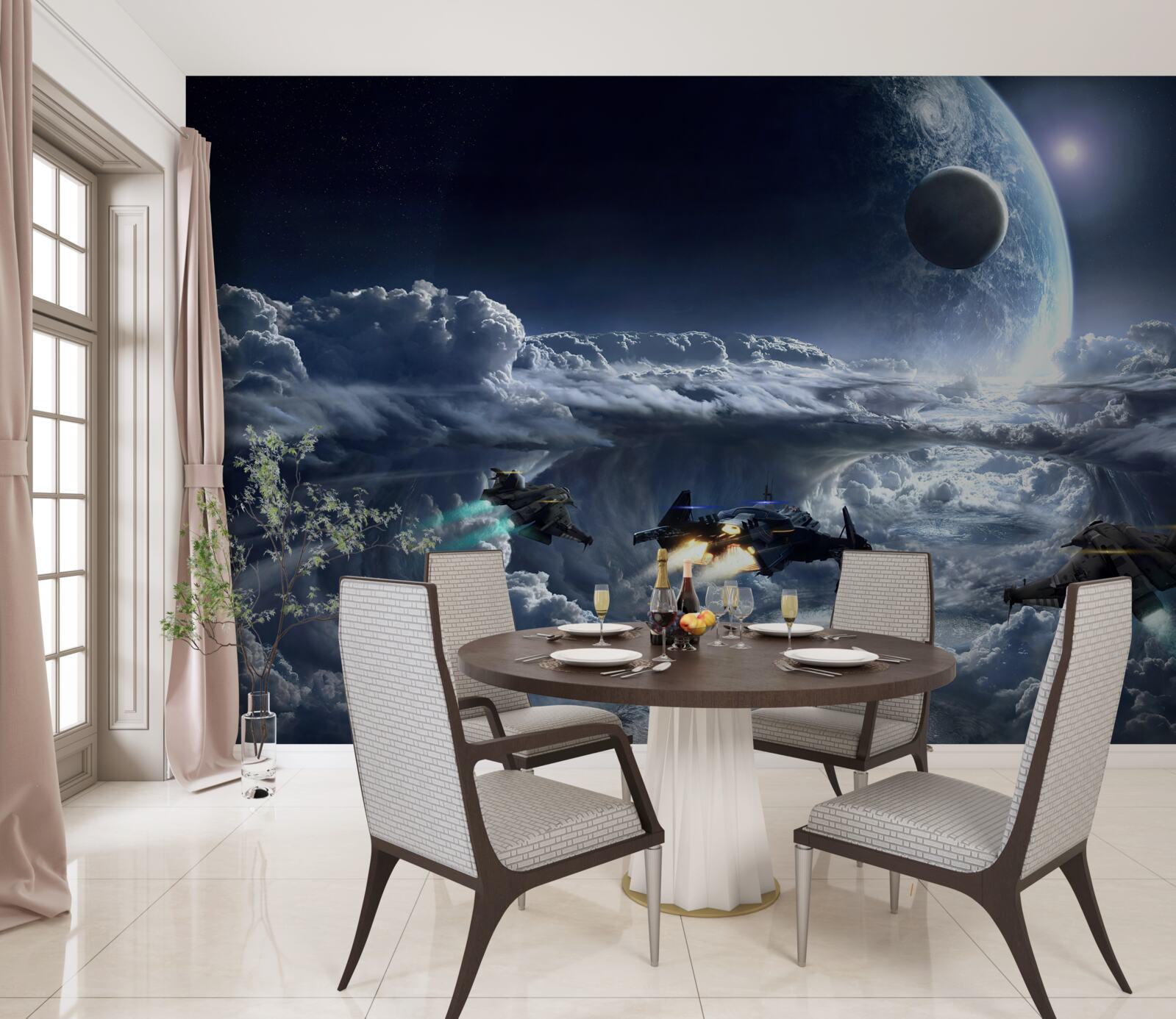 Fototapet nori densi pe fundalul unei planete mari