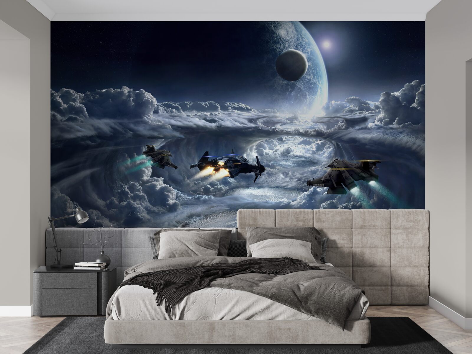 Fototapet nori densi pe fundalul unei planete mari