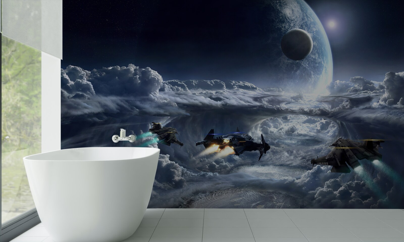 Fototapet nori densi pe fundalul unei planete mari