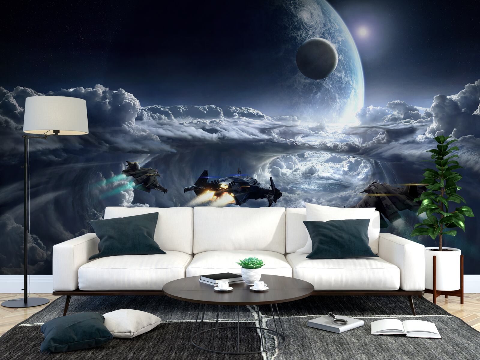 Fototapet nori densi pe fundalul unei planete mari