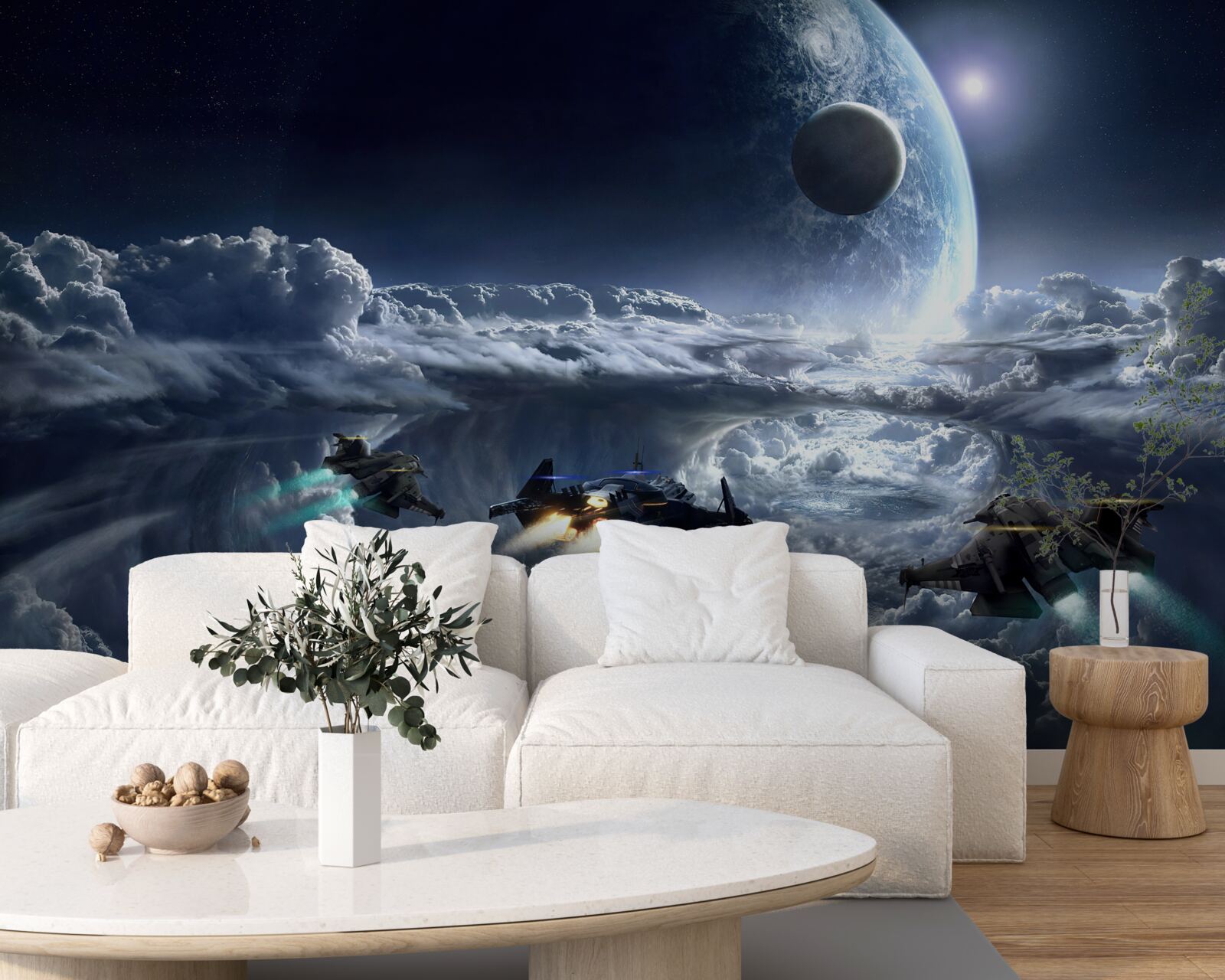 Fototapet nori densi pe fundalul unei planete mari