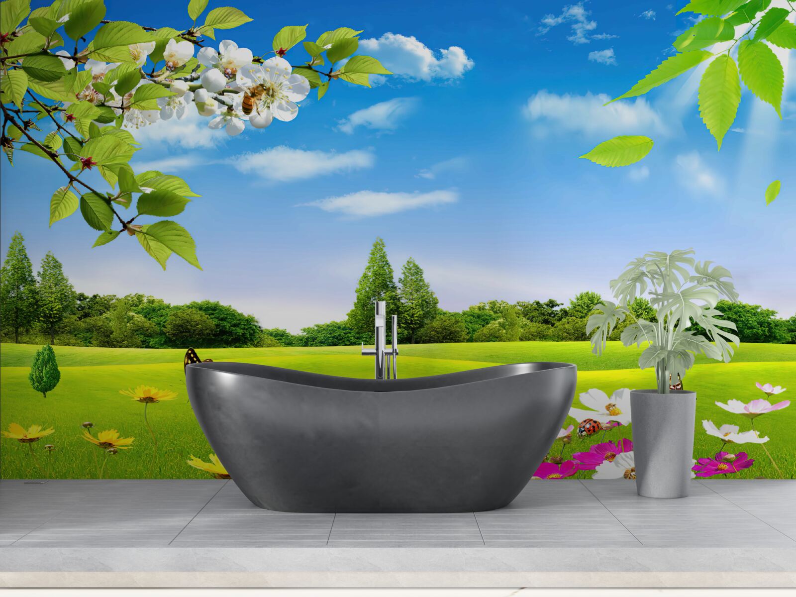 Fototapet gazon verde și fluture