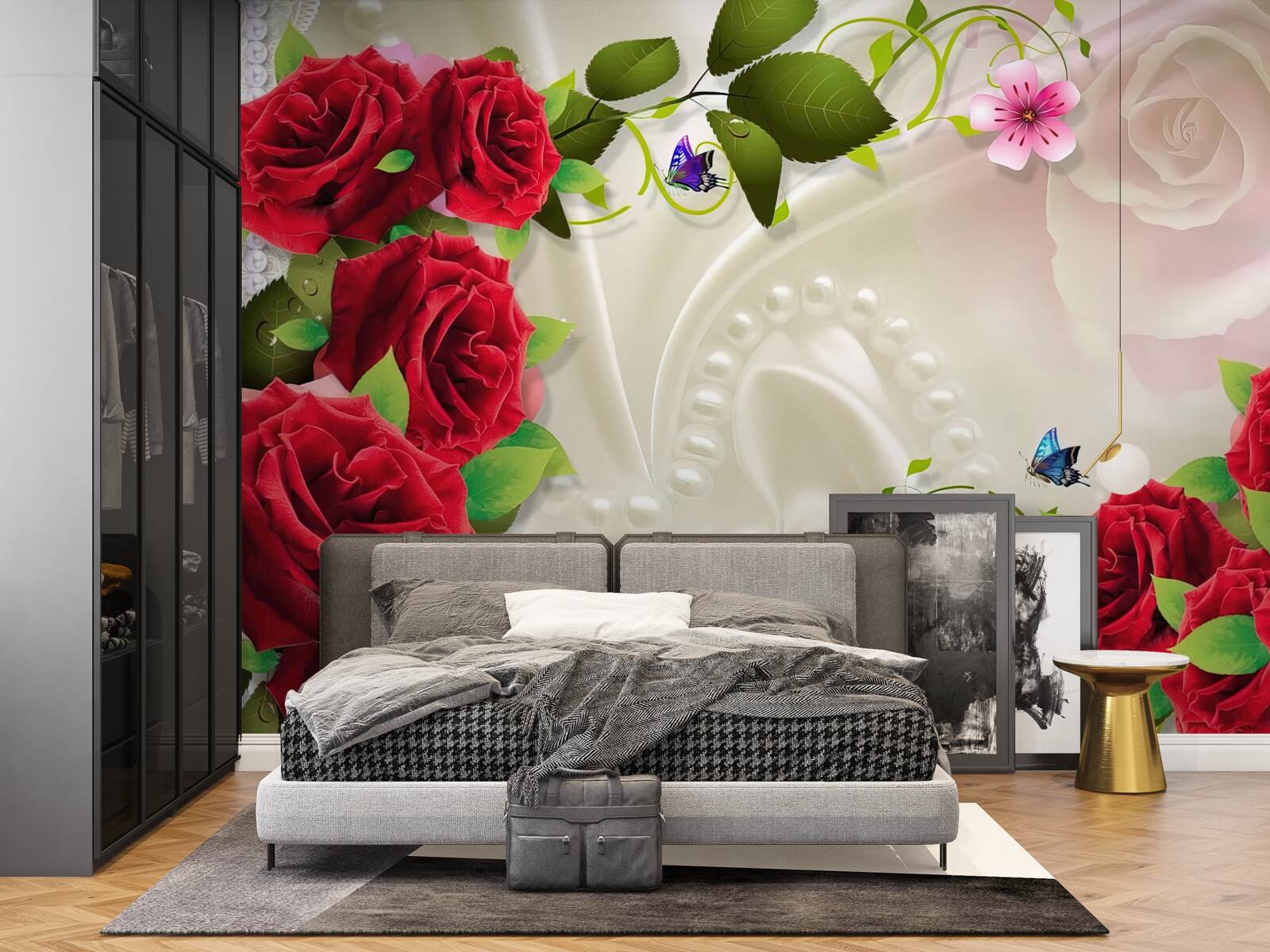 Fototapet trandafiri cărămiziu pe țesătură din satin alb ca zăpada